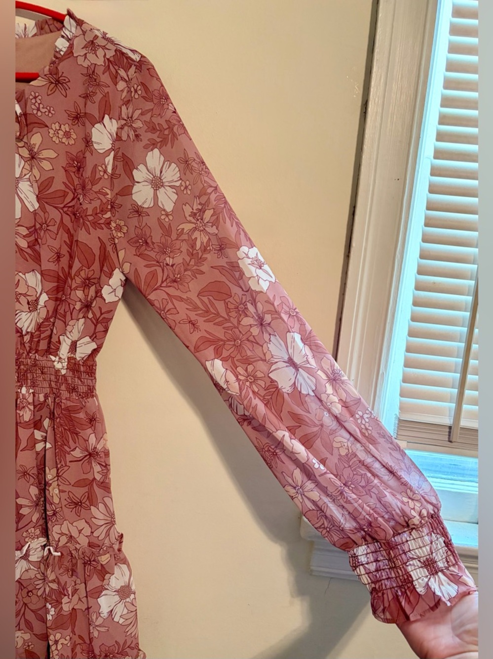 Peach Love California Floral Tie-Neck Elastic Waist Dress in Dusty Rose Sz Large - Picture 5 of 16